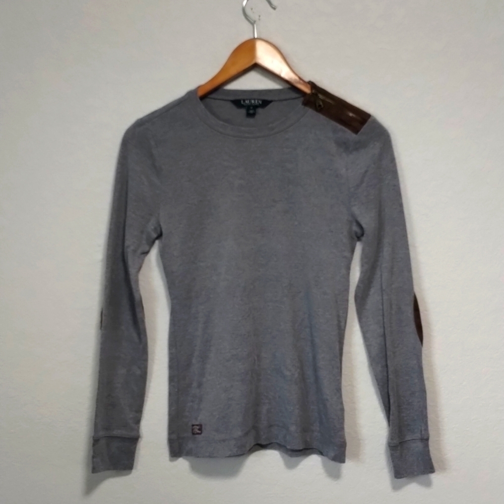 Lauren Ralph Lauren Grey Tee Brown Elbow Patch